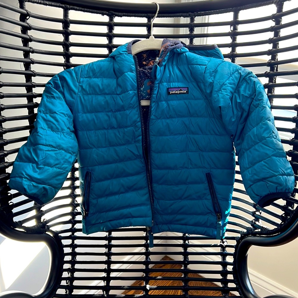 Blue reversible hooded baby down sweater Patagonia jacket for 4 year olds